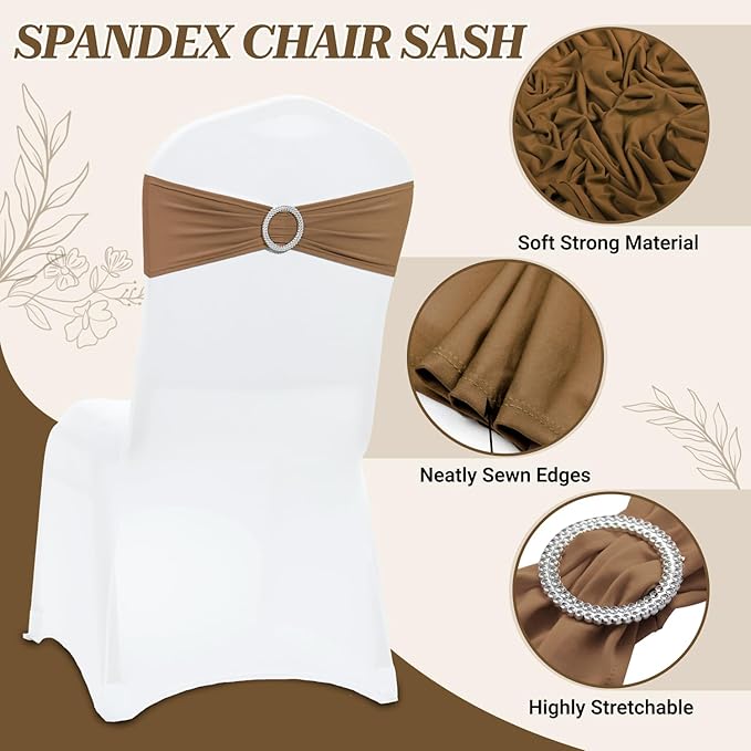 VDS - Mocha | Spandex Chair Sashes Bows | 50 PCS | Stretch Elastic Banquet Universal Folding Chair Band Tie with Silver Buckle Slider for Wedding Party Conference Celebration Event Decoration