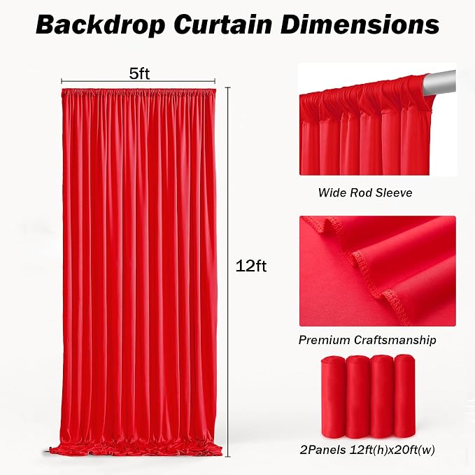 20ft×12ft Red Backdrop Curtain for Wedding Parties, 4 Panels Wrinkle Free Polyester Photo Backdrop Drapes Back Drop Cloth for Memorial Day Birthday Photography Background