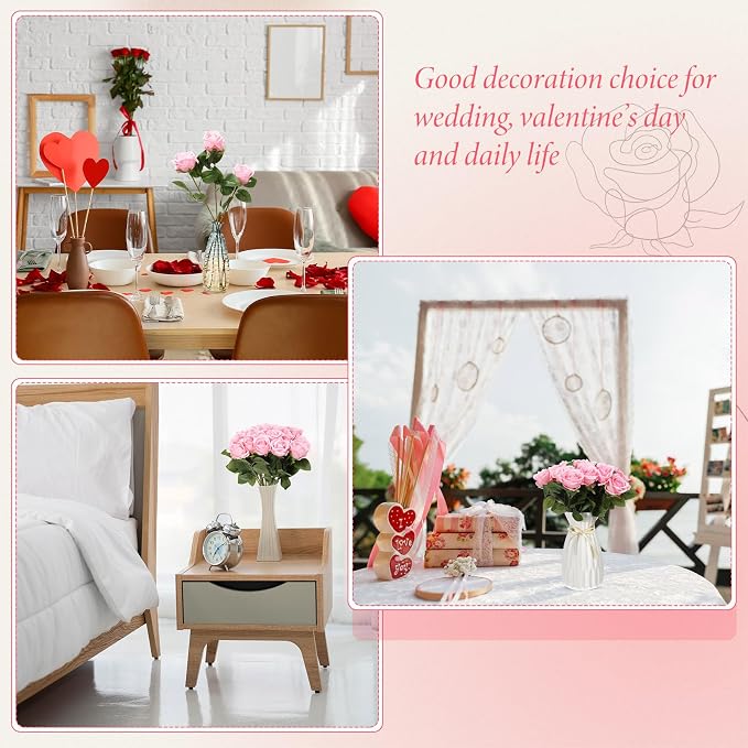 Hotop 20 Pcs Artificial Rose Flowers with Long Stem, Real Lifelike Silk Realistic Plastic Bouquet Roses Bulk for Home Decor Bridal Wedding Party Table Centerpieces Decorations(Pink)