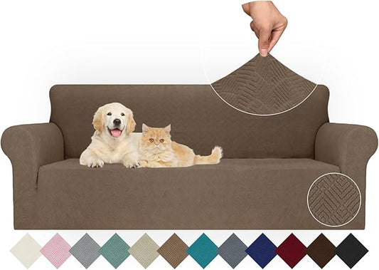 JIVINER Stretch Oversized Sofa Covers 1 Piece 4 Seater Couch Covers Jacquard Universal Sofa Slipcovers for Extra Large Funiture Protector for Kids, Pets (Brown, XL Sofa)