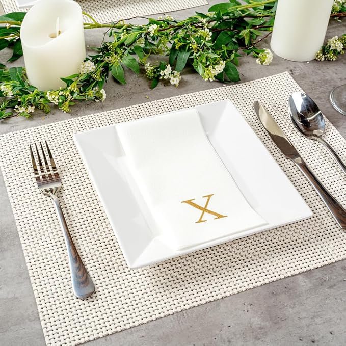 Luxenap 15.8 X 7.9 Inch Linen-Feel Guest Towels, 50 Lettered Hand Towels - Gold Letter 'X', Sans Serif Font, White Paper Dinner Napkins, airlaid, For Restrooms And Tables - Restaurantware
