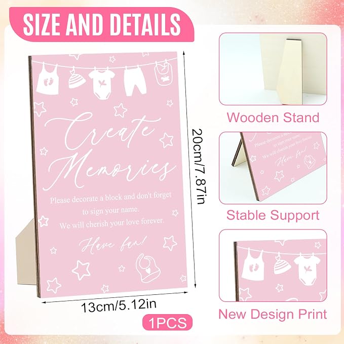 97 Pcs Pink Baby Shower Games Sign Kit,Including Decorate a Block Game Sign 72 DIY Blank Wooden Block 24 Pen to Draw Your Idea for Baby Shower Game Gender Reveal Party
