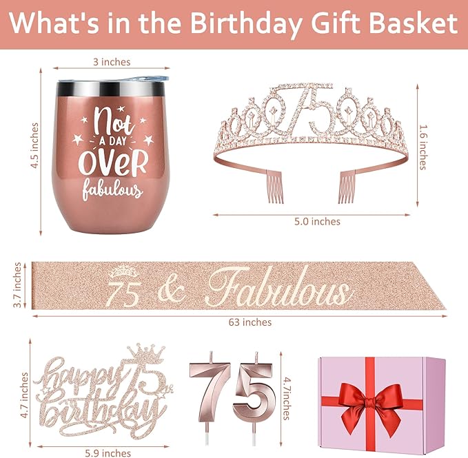 75th Birthday Decorations for Women Including Crown, Sash, Cake Topper, Candles and 12oz Wine Tumbler with Lid, 75th Birthday Gifts for Women