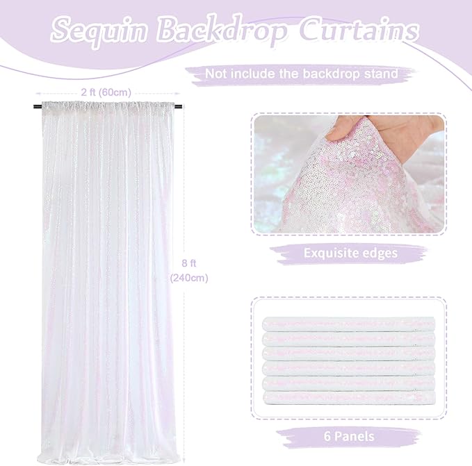 SoarDream White Iridescent Sequin Backdrop Curtains 6 Pieces 2ft x 8ft Sequin Fabric Backdrop Glitter Drapes Baby Shower Background Christmas Party Decoration