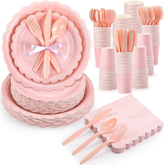 Ziliny 350 Pcs Light Pink Plates and Napkins, 50 Guest Spring Party Supplies Include Scalloped Paper Plates Napkins Cups Plastic Spoons Forks Knives Disposable Tableware Set for Baby Shower