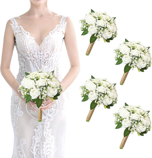 Set of 4 Bridesmaid Bouquet White Wedding Flowers Bouquets - Artificial Rose and Baby's Breath Rustic Small Floral Bouquet for Bridesmaid Fake Sage Green Boho 7 inch Wedding Decor