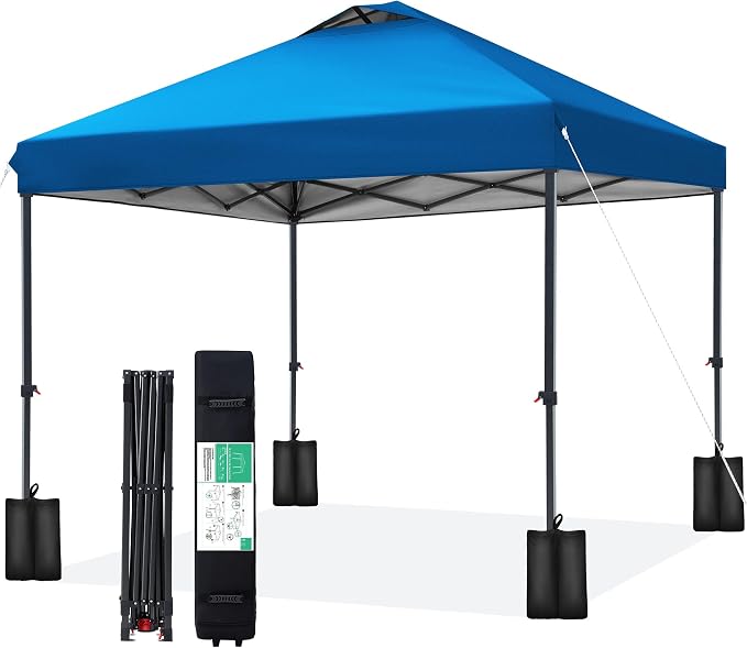 JEAREY 10x10 ft Pop Up Canopy Tent, Heavy Duty Outdoor Canopy with 1-Push Instant Setup, Commercial Tent with Roller Bag, 4 Sandbags and 8 Stakes, Water-Resistant, Royal-Blue