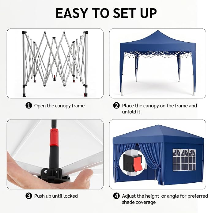 KIGOTY 10x10 FT Portable Pop Up Canopy Tent, Adjustable Height Instant Gazebo with Sidewalls, One-Push Setup Outdoor Canopy for Camping, Parties, Vendor Events (Blue, 3m × 3m)