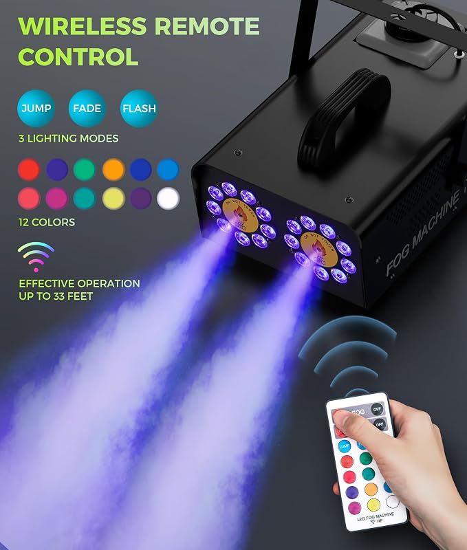 IMONE 1500W Dual Head Fog Machine | High Output Continuous Smoke Machine with 18 RGB LED Lights & Wireless Remote | Perfect for Parties, DJ, Halloween, Stage, Indoor/Outdoor Events