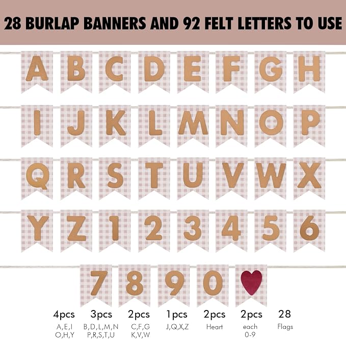 Custom Banner Kit - DIY Burlap Banner with 92 Felt Letters - Personalized for Birthday, Wedding & Party Decorations (beige gingham+beige letter)