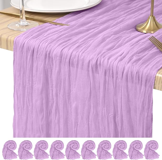 10 Pack Cheesecloth Table Runner Light Purple, Rustic Boho Gauze Fabric Table Runner Romantic Table Runner for Wedding, Festival, Birthday, Anniversary, Dinner and Outdoor Events (17.7 x 108 inch)