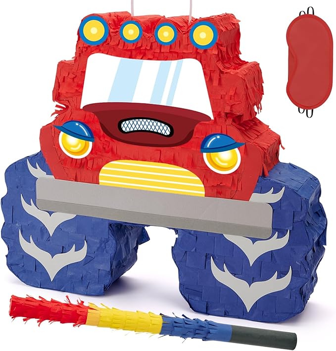 WERNNSAI Truck Piñata - Monster Truck Piñata Bundle with Blindfold and Bat for Boys Kids Theme Party Decoration Supplies Cool Car for Birthday Party Carnival Celebration Game