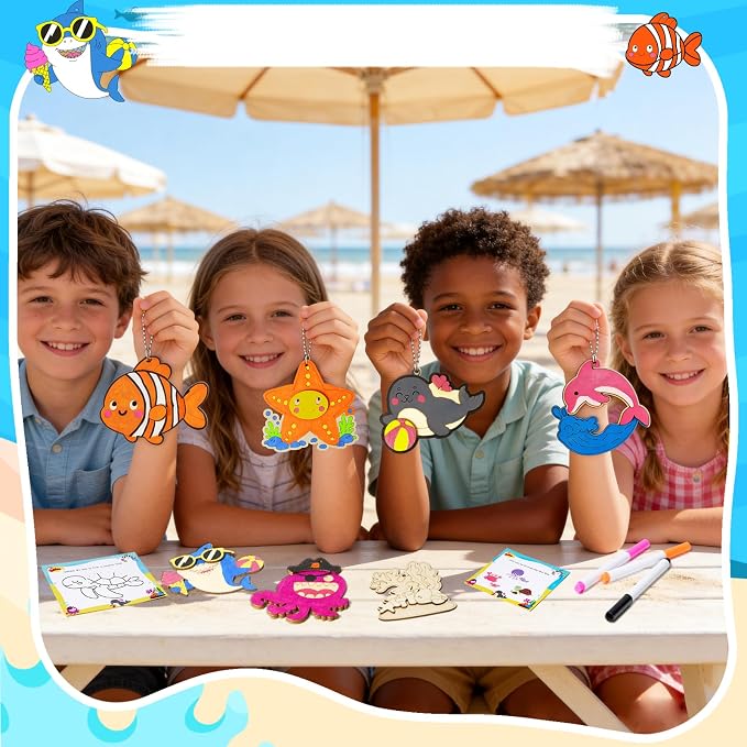 12Pack Under the Sea Party Favors, Wooden Sea Animal Painting Kit for Kids Ocean Theme Arts&Crafts Birthday Party Hanging Decorations Summer Goodie Bag Filler Pinata Stuffers Classroom Prizes for Kids