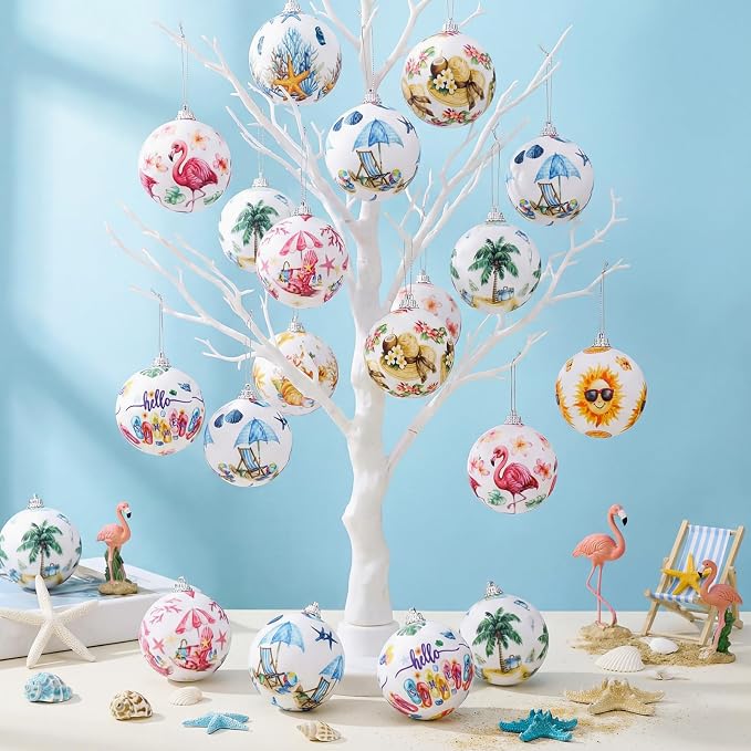 Outus 16 Pcs Summer Tree Ornaments Mini Summer Christmas Decorations for Tree Beach Flamingo Hanging Ornaments Tropical Party Decor for Farmhouse Home Fireplace Luau Holiday Decorative Supplies
