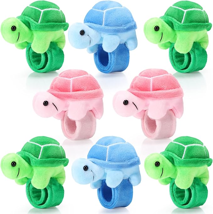 Lenwen 8 Pcs Turtle Stuffed Animals Slap Bracelets for Kids 8.66 Inch Back to School Plush Animal Bracelets Wrist Slap Snap Band Toy Adopt a Turtle Party Favors for Boys Girls Birthday Gifts