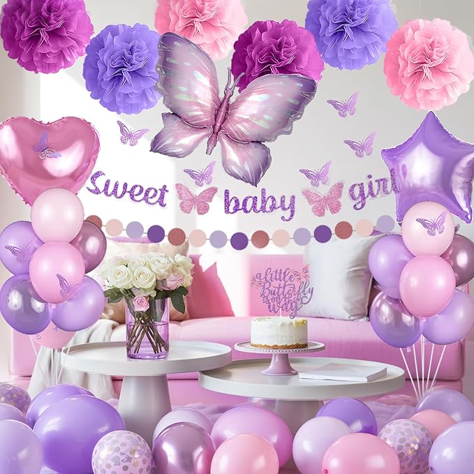 Butterfly Baby Shower Decorations for Girl, Sweet Baby Girl Banner with Pearl Pastel Purple Light Pink Latex Foil Balloons Cake Topper Pom Poms for A Little Butterfly Is On The Way Decoration Supplies