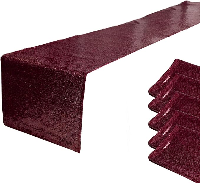 JYFLZQ Burgundy Sequin Table Runner 12" x 108" Pack of 5 Glitter Sequin Fabric Table Linens - Sparkly Runners for Wedding & Birthday Party Decor