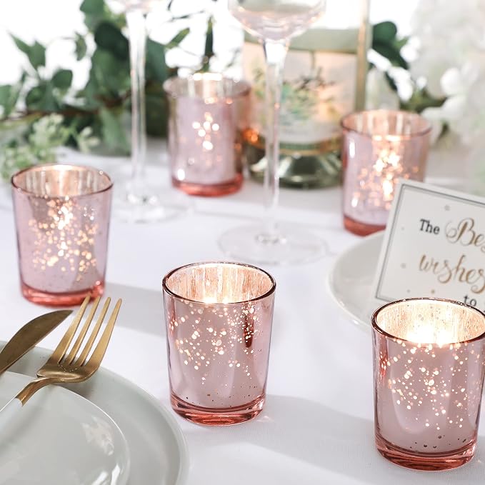 Raiten 50 Pcs Votive Candle Holder Bulk Glass Votive Candle Holder Tealight Candleholder Wedding Centerpiece for Table Home Birthday Anniversary Bridal Shower Party(Rose Gold)