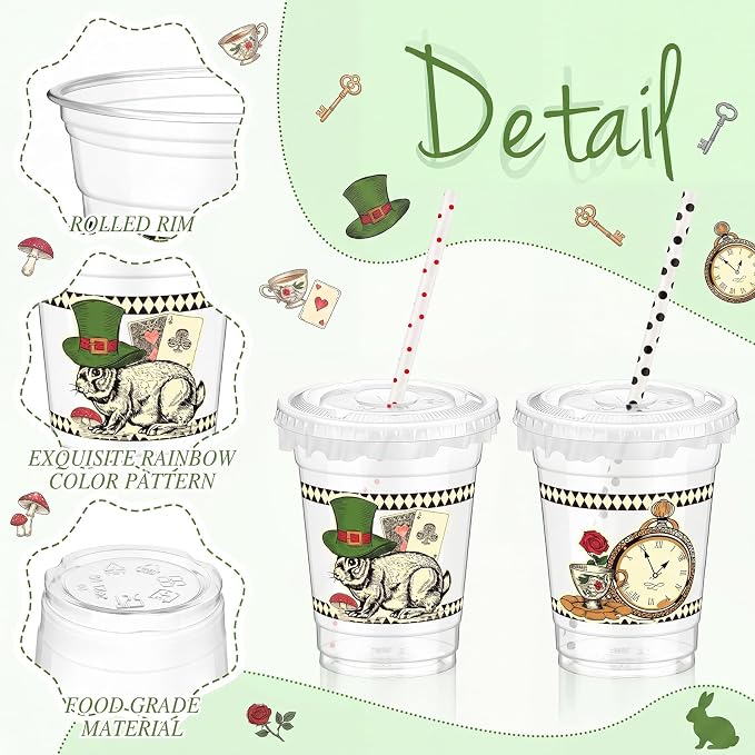 FoldTier 50 Pack Wonderland Themed Party Cups with Lids and Straws 12 oz Disposable Plastic Cups Retro Rabbit Pocket Watch Pattern Vintage Drinkware Supplies for Birthday Tea Party Baby Shower