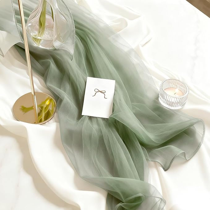 Sage Green Sheer Chiffon Table Runner 35x120 Inches 12 Pack Bulk for Outdoor Wedding Bridal Shower Graduation Party Table Decor