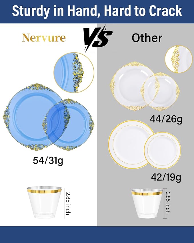 Nervure 350PCS CLear Blue Plastic Plates - Blue Gold Plastic Dinnerware Sets for 50 Guests - 100 Disposable Plates, 150 Silverware, 50 Cups, 50 Napkins for Wedding & Party