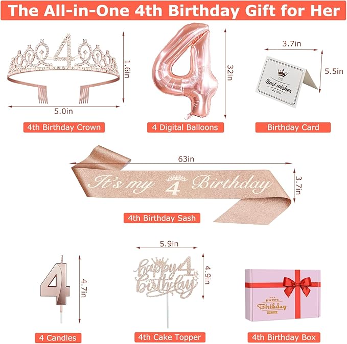 4th Birthday Decorations for Girls, Including 4th Birthday Sash and Tiara, Cake Topper and Candle, Number Balloon, 4 Year Old Gifts for Girls