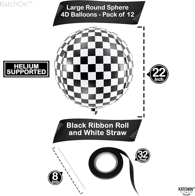 KatchOn, Black and White Checkered Balloons - 22 Inch, Pack of 12 | Racing Balloons, Race Car Balloons for Race Car Birthday Party Decorations | Racing Party Decoration | Emo Party Decor