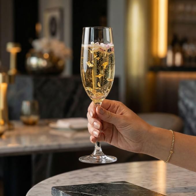 Restaurantware Voglia Nude 8.5 Ounce Champagne Glasses Set Of 6 Crystal Flute Glasses - Laser-Cut Rim Dishwasher-Safe Stemware Fine-Blown Crystal Champagne Flutes For Special Occasions or Everyday