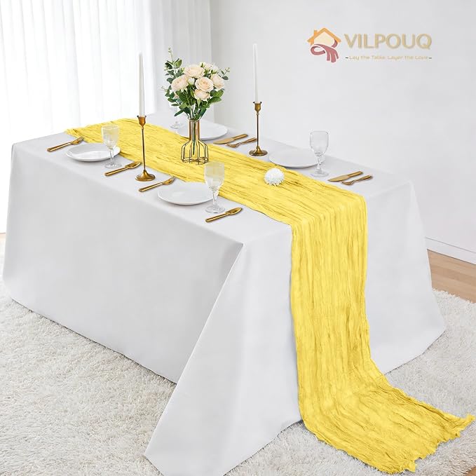 12 Pack Light Yellow Cheesecloth Table Runner 21x120 Inches, Boho Gauze Rustic Semi Sheer Cheese Cloth Table Runners for Easter Wedding Bridal Baby Shower, Birthday Party, Long Farmhouse Table Decor