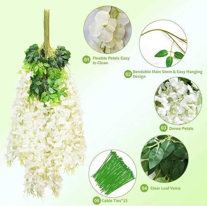 12 PCS Wisteria Hanging Flowers, 3.6ft Fake Wisteria Vines Artificial Wisteria Garland Silk Flower String for Wedding Arch Garden Party Home Ceiling Wall Backdrop Tent Decoration (White)