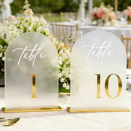 Frosted Wedding Table Numbers 1-10 with Stands, Elegant Gold Number Arch Acrylic Signs with Holder, 5.5" x 7" Gold 3D Table Numbers for Wedding Reception, Party, Anniversary, Events