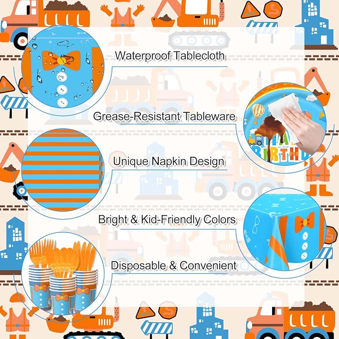 171PCS Kids Birthday Party Decorations Tableware Set - Blue & Orange Party Supplies for Boys & Girls - Includes Plates, Cups, Napkins, Cutlery, Tablecloth, Foil Fringe Curtains - Serves 24 Guests