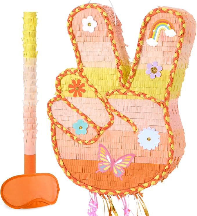 WERNNSAl Funny Groovy Peace Sign Piñata - Yellow Hippie Hand Gesture Piñata for Kids with Blindfold and Bat Retro Hip Hop Birthday Party Supplies Two Groovy Daisy Party Decorations
