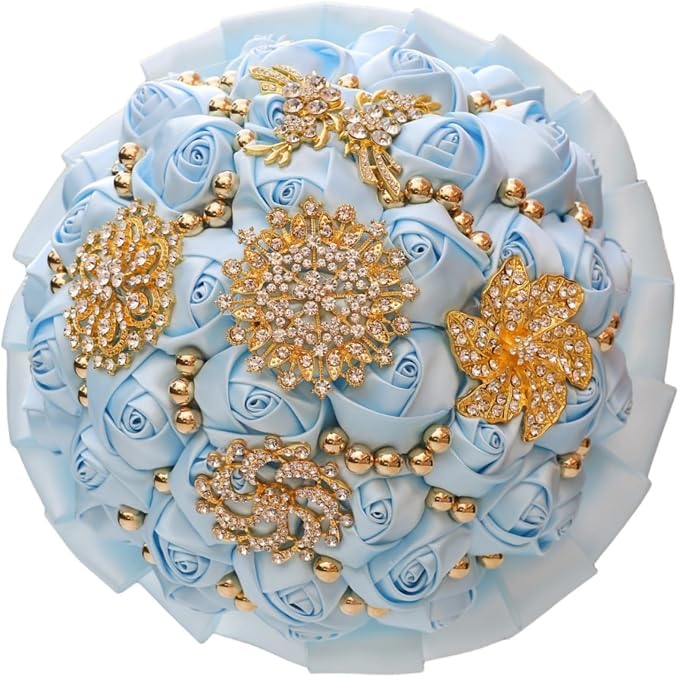 Light Blue Bridal Wedding Bouquet with Gold Brooch Bling Rhinestone Pearl Satin Rose Flower Bouquet for Bride Bridesmaid Quinceanera Wedding Light Blue 9.5in