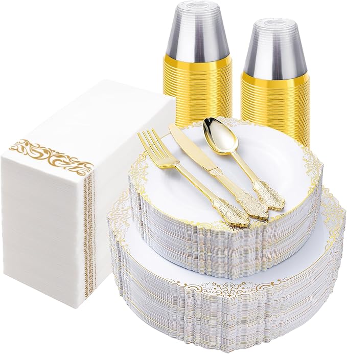 Bestluck 350PCS White and Gold Plastic Plates for 50 Guests, Disposable Dinnerware Set Includes 100 Disposable Plates, 150 Gold Silverware, 50 Cups, 50 Napkins for Party, Wedding