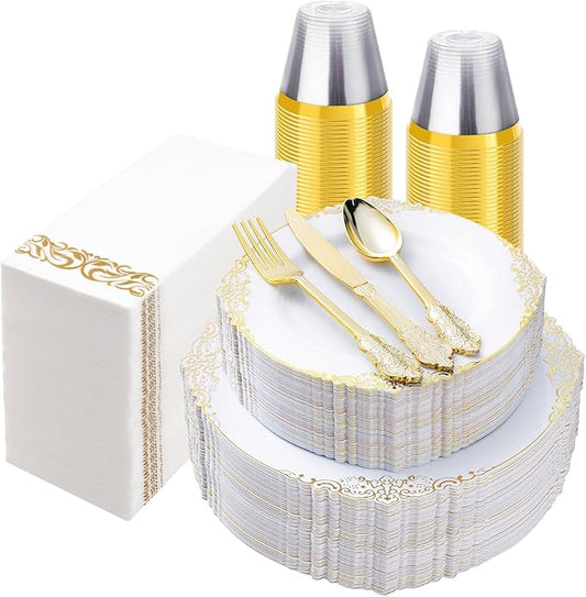 Bestluck 350PCS White and Gold Plastic Plates for 50 Guests, Disposable Dinnerware Set Includes 100 Disposable Plates, 150 Gold Silverware, 50 Cups, 50 Napkins for Party, Wedding