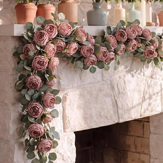 Suncalla 6 ft Artificial Peony Flower Garland Vintage Faux Real Look Silk Peony Eucalyptus Garland Pink Roses Silk Flower Vine Wall Hanging Plant for Wedding Arch Door Arrangement Party Decor