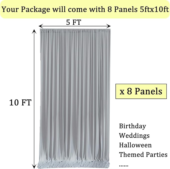 40ft x 10ft Wrinkle Free Silver Backdrop Curtains for Parties, 8 Panels 5x10ft Thick Fabric Silver Backdrop Drapes for Wedding Party Background Birthday Decoration