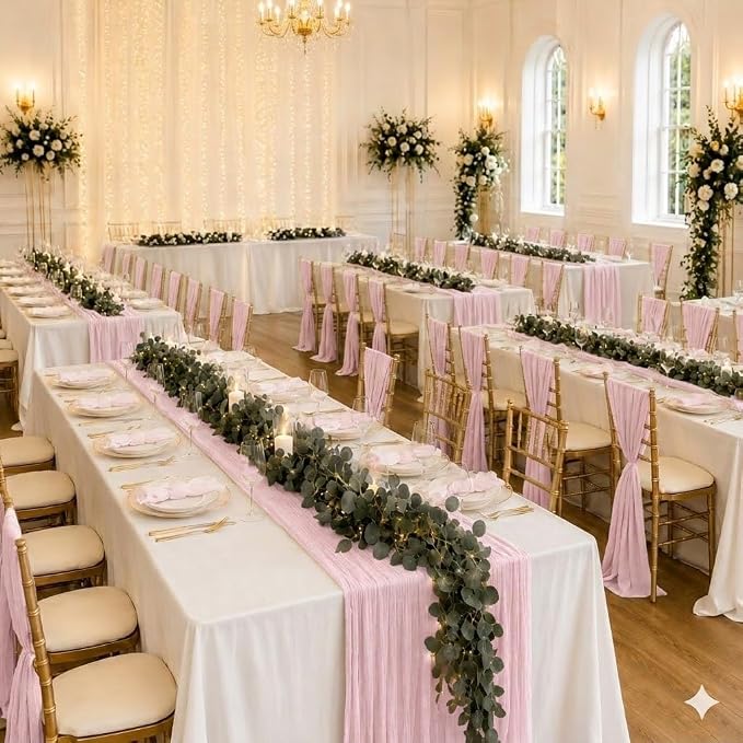 Cinrobiye 12 Pack Boho Wedding Table Decor Set, 6 White Tablecloths and 6 Cheesecloth Table Runners, Gauze Table Runner and Tablecloth Kit for Wedding Baby Shower Bridal Shower Party Reception(Pink)