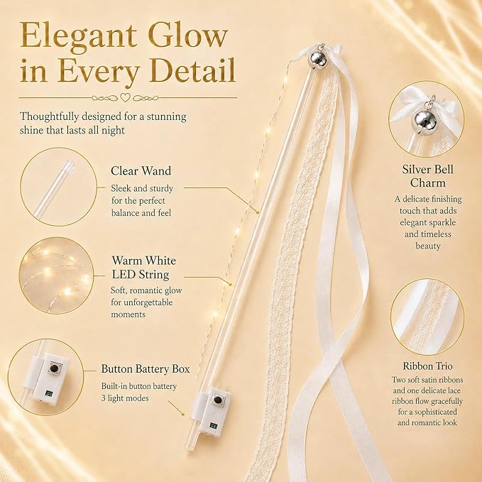 120 PCS Light Up Wands for Wedding, Warm White LED Wedding Send Off with Ribbons and Bells, 3 Light Modes Fairy Ribbon Wands, Reception Props for Ceremony Exit, Party Favor