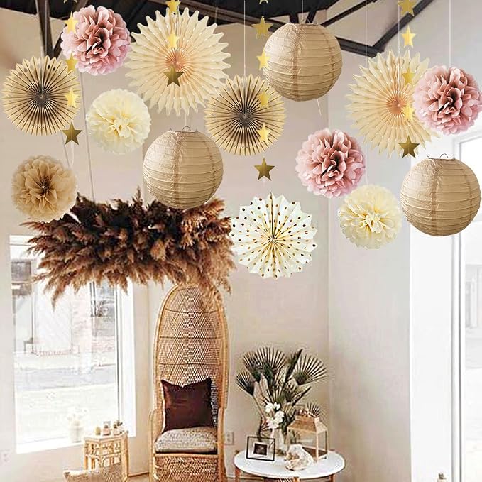 Pink Champagne Party Decorations Dusty Rose Champagne Gold Beige Boho Party Decorations Neutral Cream Pom Poms Paper Lanterns for Rustic Pink and Brown Birthday Baby Shower Wedding Engagement