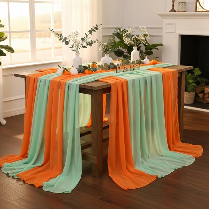 Boao 6 Pcs Cutie Baby Shower Party Decorations Table Runner Cloth 10ft Boho Sheer Rustic Fabric for Wedding Birthday Party Baby Bridal Shower Graduation Dawn Sunset Decor