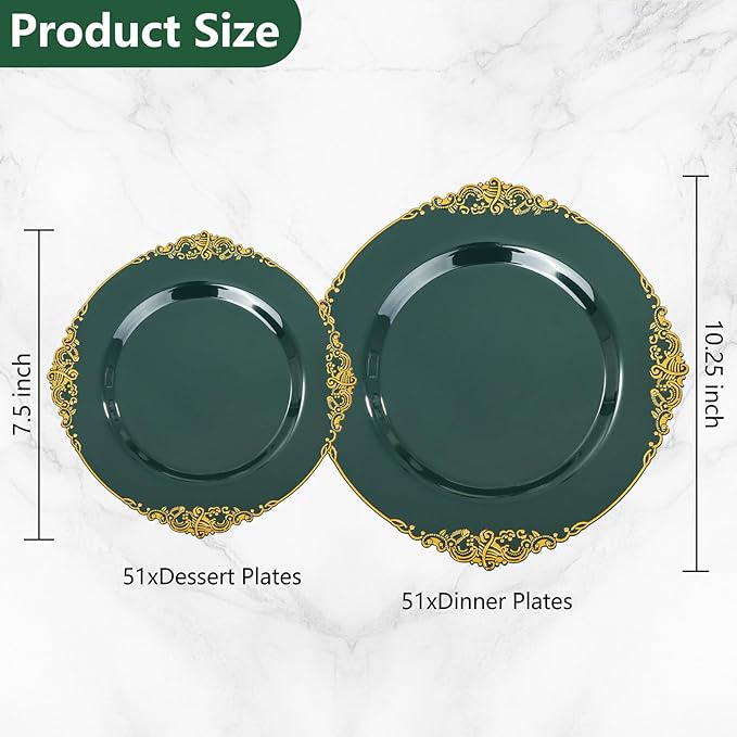 102PCS Green Plastic Plates - Green and Gold Plates - Fancy Heavy Duty Disposable Plate - Heavyweight Dinner & Dessert Plate for 51 Guests for Spring Party & Wedding