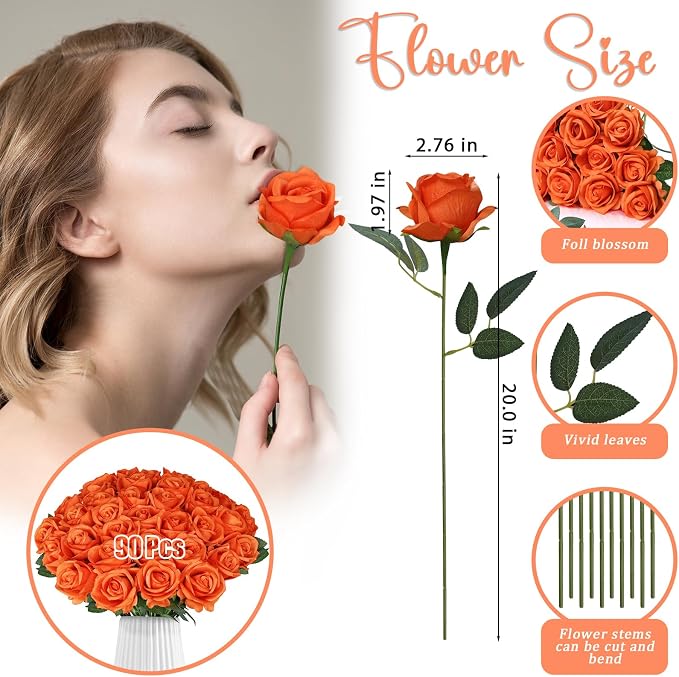 90pcs Roses Artificial Flowers Silk Orange Artificial Flowers Petals Long Stem Roses for Wedding Bouquet Home Party Decor