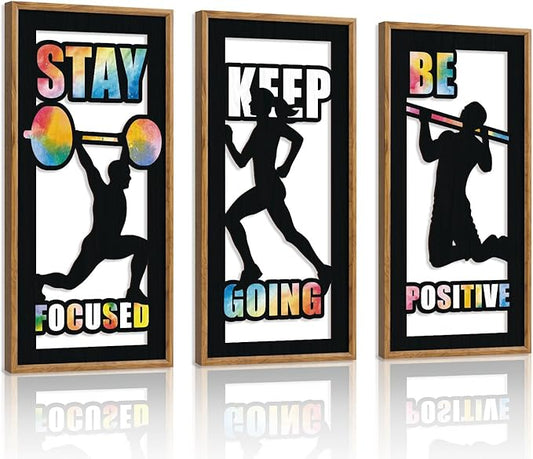 HPNIUB 3PCS Motivational Gym Wall Decor, Inspirational Workout Wooden Sign for GYM, Sports Silhouette Wood Hanging Wall Art for Exercise Classroom Workout Room Decoration(8x16Inch)