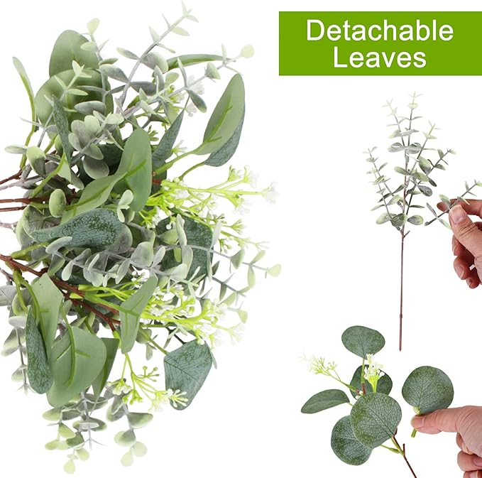 ZeKonan 80 Pcs Mixed Eucalyptus Leaves Stems Bulk Artificial Silver Dollar Leaves for Vase Bouquets Baby Eucalyptus Leaves for Family Wedding Center Flower Arrangement