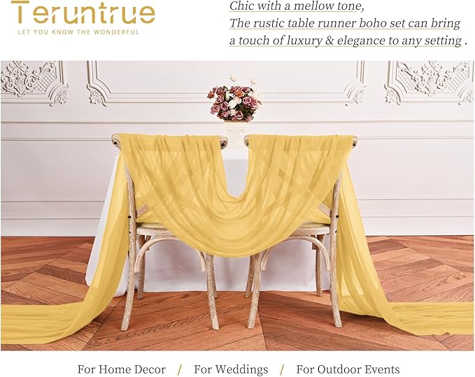 24 Packs Gold Cheesecloth Table Runner,10ft Gold Yellow Rustic Gauze Boho Wedding Table Runner Decoration, Wedding Table Decor Sheer Table Runner for Wedding Party Bridal Shower Table