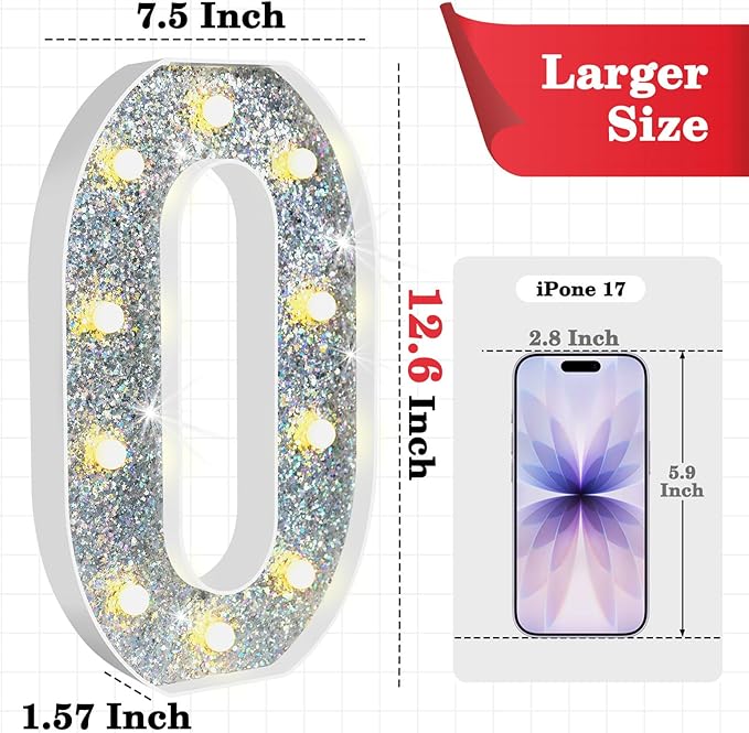 12.6 Inch LED Silver Marquee Light Up Numbers, 13th Birthday Decorations Number Lights as Gifts for Girls Boys, Glitter Lighted Marquee Numbers for Silver Anniversary Party Table Decor, 13