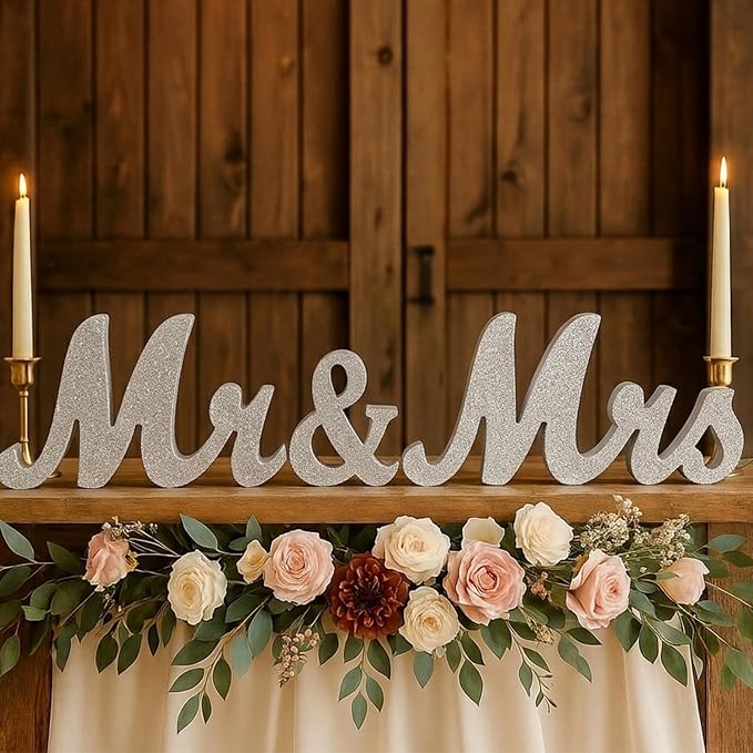 Mr & Mrs Sign for Wedding Table, Wedding Decorations for Reception, Large Wooden Letters Centerpieces Decor for Sweetheart Table, Ceremony, Anniversary, Party and Valentine's Day(Silver)