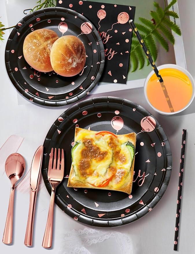 Nkaiso Birthday Party Tableware, 161 Pieces Black and Rosegold Party Supplies, Party Dinnerware Sets Include Paper Plates Napkins Cups Silverware, for Shower Engagement Parties Decoration -20 Serves